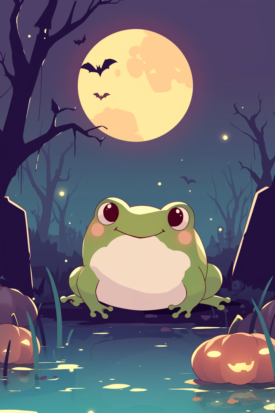 halloween frog drawing ideas 2 featuring a cute frog in a spooky swamp, with a glowing moon, bats, and pumpkins surrounding it, creating a mystical Halloween atmosphere.